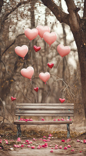 Romantic atmosphere with bench, pink balloons, and red roses