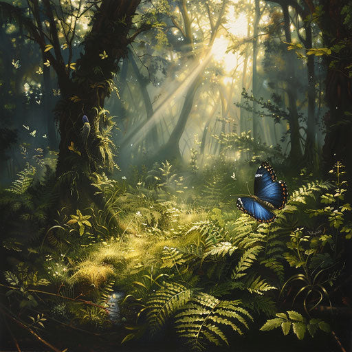 Tranquil forest clearing with blue butterfly on a fern