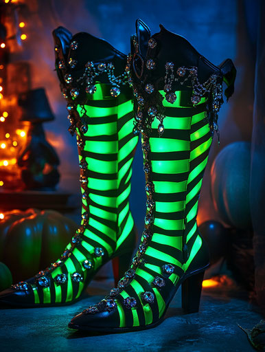Green and black striped LED witch's boots