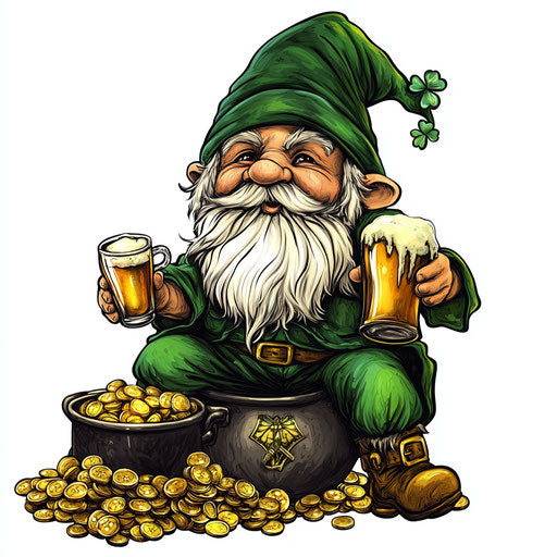 Saint Patrick's Day Gnome with Irish flag on pot of gold and cauldron of golden coins