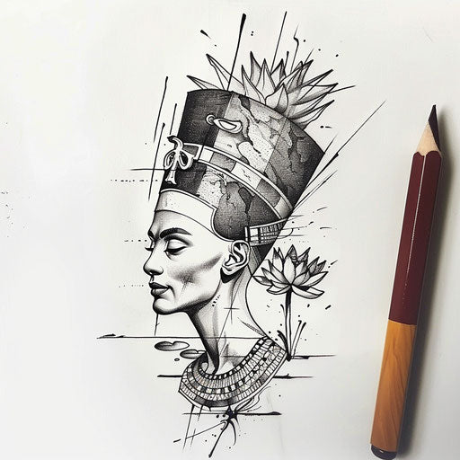 Dynamic flat tattoo sketch of Nefertiti with an abstract design of the Nile and lotuses