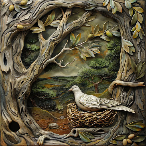 Natural scene: peaceful dove nesting in an olive tree