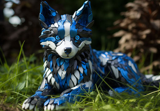 Husky puppy lying on grass, dark navy and light blue style