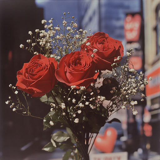 Red roses bouquet with baby's breath in front of Valentine's ad