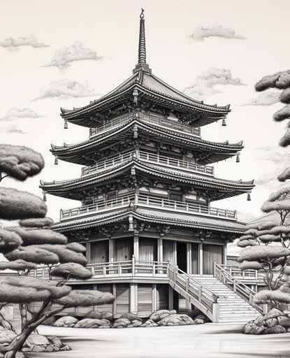 Drawing of an Asian pagoda, Japanese hyperrealism style