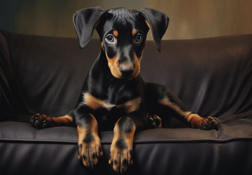 Black and tan doberman puppy on a sofa