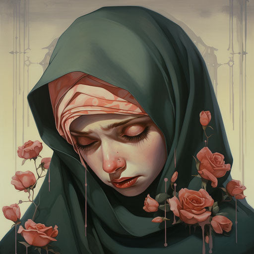 Sadness in red hijab, flowerpunk and mingei style