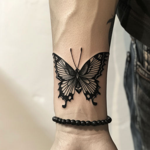 Butterfly wrist tattoo in the style of Humberto Ramos