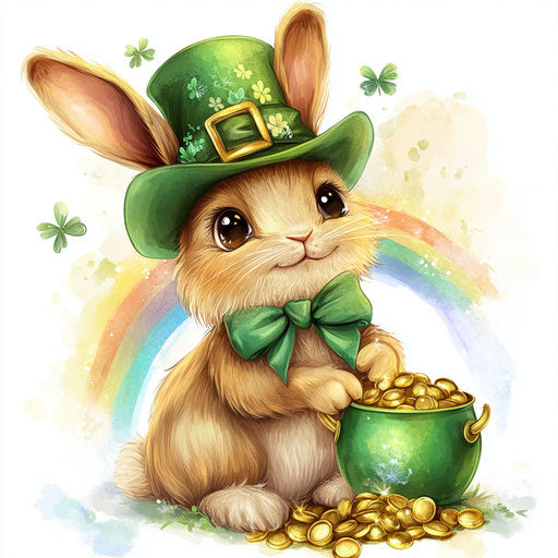 The cute bunny in green and hat beside a rainbow treasure