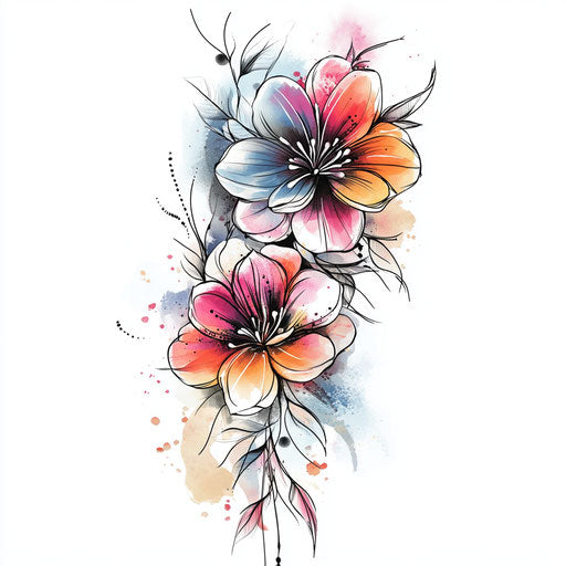 Beautiful flat tattoo sketch with floral elements in watercolor
