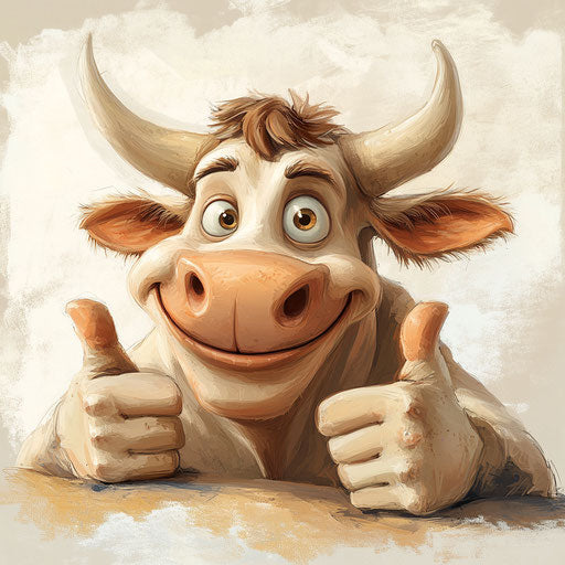 Humorous caricature of a cow head with human characteristics