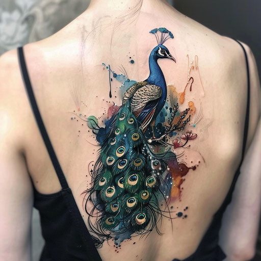 Surrealist peacock tattoo on white canvas