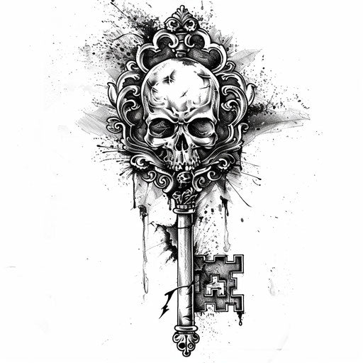 Edgy tattoo sketch of a key with a skull design