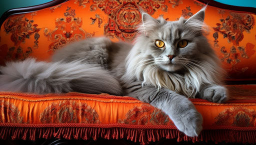 Gray cat on orange couch, persian miniature style, strong facial expression