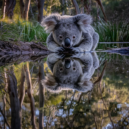 Koala and its reflection in a serene water body