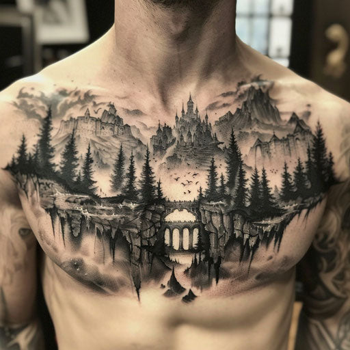 Men's chest tattoo - surreal fantasy landscape