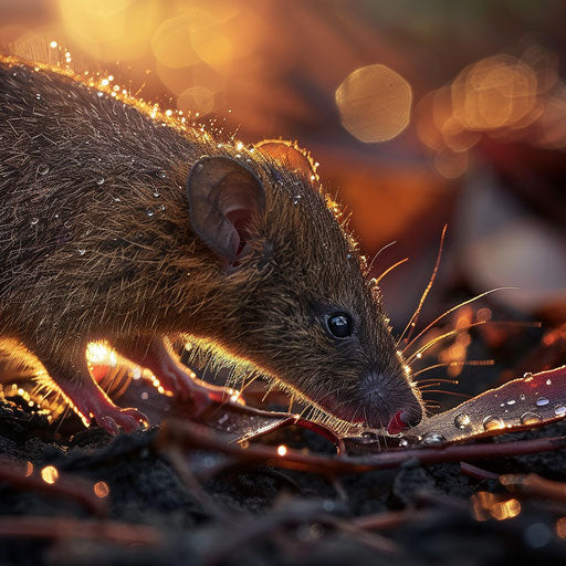 Antechinus drinking from dew-covered leaf at sunrise