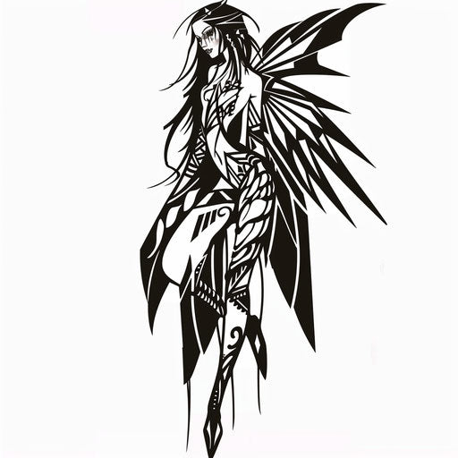 Tribal fairy tattoo design with bold black lines and geometric shapes on white background