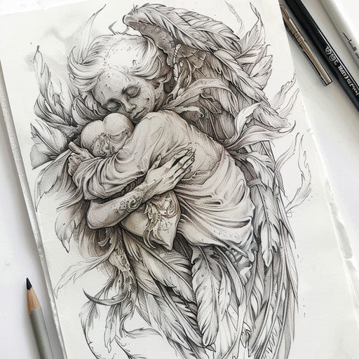 Ethereal guardian angel cradling heart, feathered wings, tattoo concept white canvas