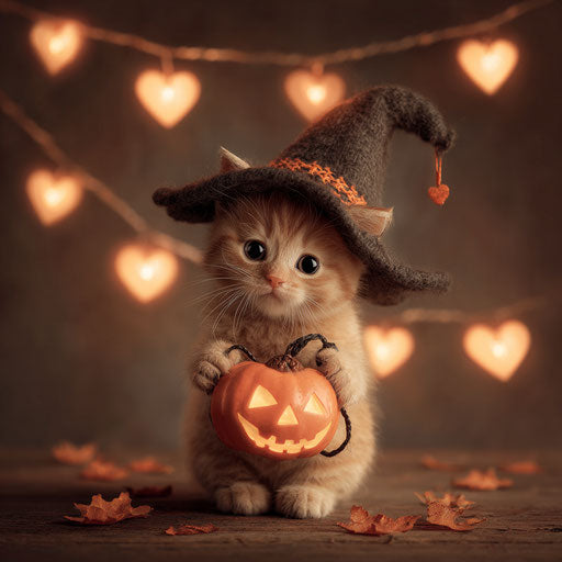 Charming Kitten in Witch's Hat with Glowing Pumpkin