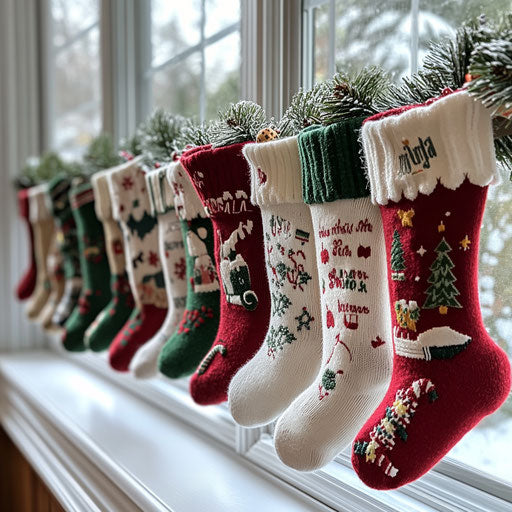 Personalized Christmas socks on snowy windowsill
