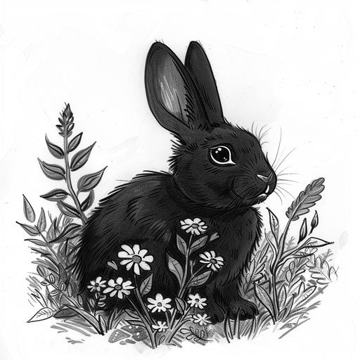 Tranquil sketch of a peaceful black rabbit in a garden