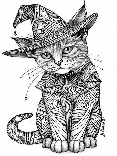 Coloring page of a cat with a witch hat