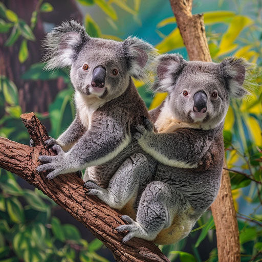 Two koalas on the edge of a branch, playful and curious, vibrant background