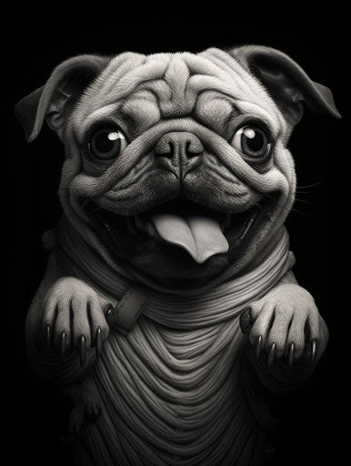 Black and white photo of a pug and a happy face