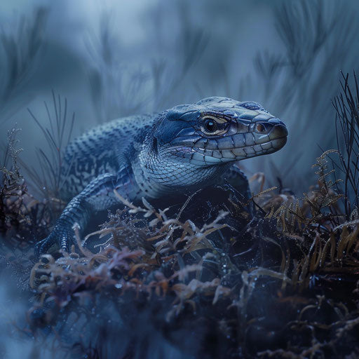 Blue tongue skink in misty and ethereal environment