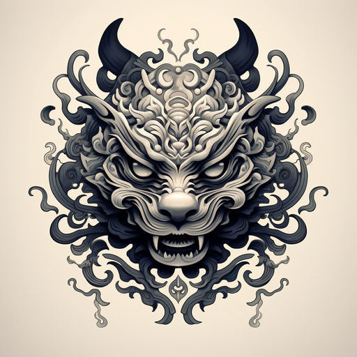 Stylized dragon head in black and white, mischievous feline motif