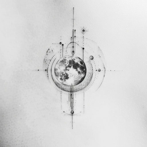 Minimalist flat tattoo sketch of a full moon with geometric shapes