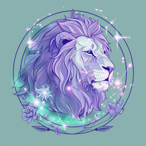 Ethereal tattoo sketch of Leo constellation in a clipart style, flat with delicate shades of lavender and mint green