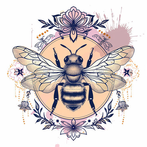 Elegant sketch of a queen bee with delicate lace patterns and soft pastel colors in a flat clipart design