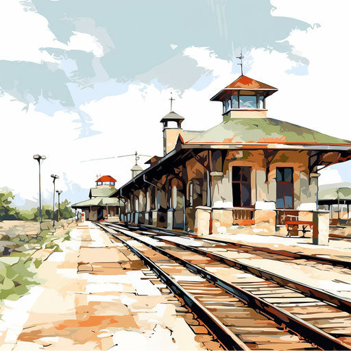Train station in the style of oil painting, on white background