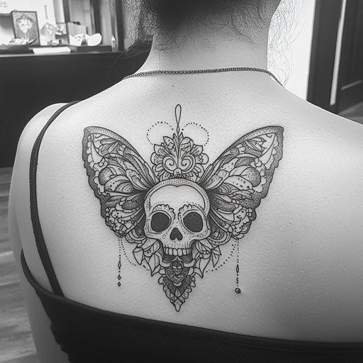 Skull butterfly tattoo on shoulder blade with mandala, Merian style