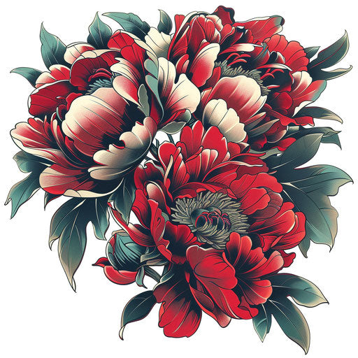 Japanese peony tattoo in red and green on white background