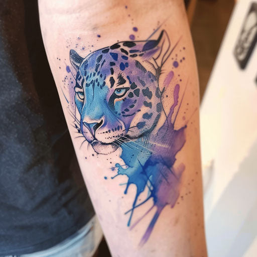 Watercolor panther tattoo, blues purples blending seamlessly