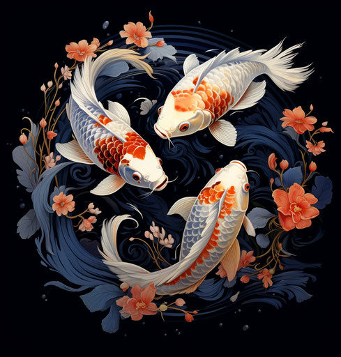 Two Koi fish with flowers, dark white and dark blue style