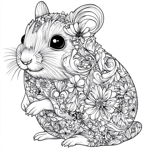 Hamster with intricate floral patterns in Johanna Basford style coloring book