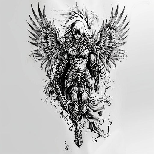 Gothic guardian angel tattoo, dark details, mysterious aura on white