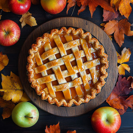 Apple pie with caramel sauce and autumn leaves