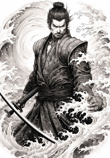 Free Japanese swordsman tattoo in pointillist style