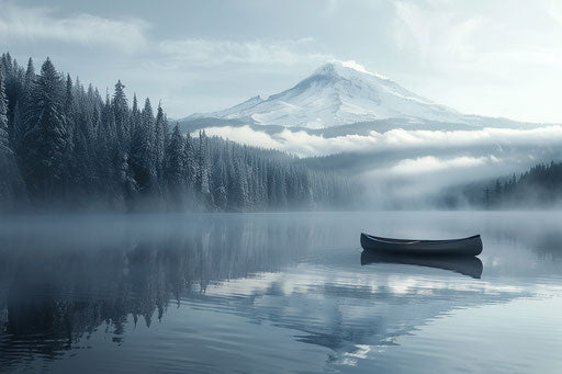 Mount Hood in Oregon with snow, Trillium Lake, canoe on water with foreground fog