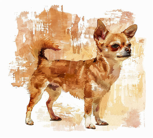 Chihuahua standing by white background, light maroon and dark gold style
