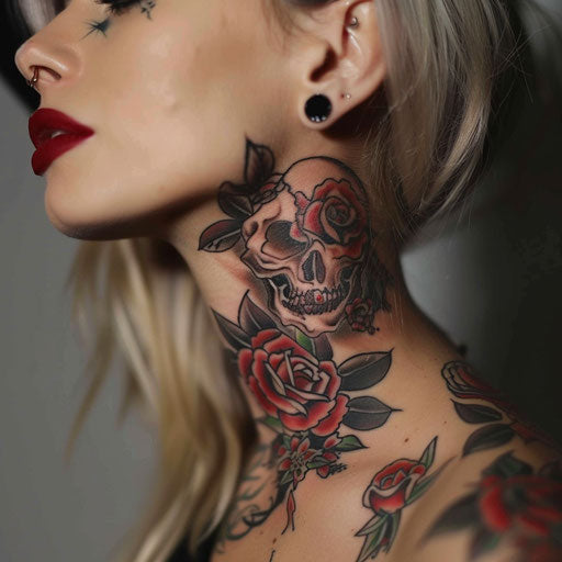 Neck tattoos for women in the style of Ed Hardy with roses and skulls