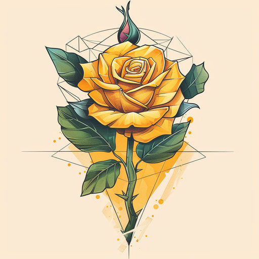 Modern flat tattoo sketch of a yellow rose with pixel art style and digital effects