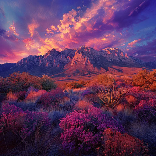 Sandia Mountains at dusk, vibrant colors