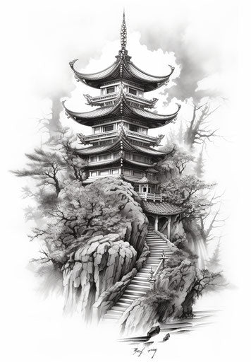 Powerful Harmony: Asian Pagoda in Classic Tattoo Style