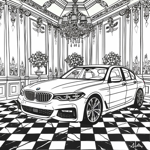 A BMW car in a chic and fashionable setting with elegant patterns in the style of Megan Hess coloring book